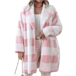 SHENHE Women's Plus Size Checkered Teddy Coat Fuzzy Fleece Plaid Open Front Lapel Long Cardigan Coat