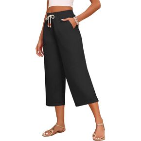 Askyes Womens Capri Pants Cotton Linen High Waisted Wide Leg Lounge Pants Casual Summer Palazzo Pants Trouser with Pockets