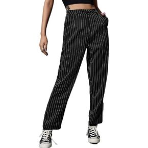 WDIRARA Women's High Waist Colorblock Striped Print Trousers Button Pocket Front Straight Leg Cropped Pants