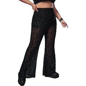 OYOANGLE Women's Plus Size Dance Clubwear Bell Bottom Mesh Sheer Pants Florla Print Flared Leg Pants