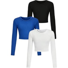 Floerns Girl's 3 Pcs Solid Long Sleeve Crop Top Crew Neck Knitted Tee Shirts