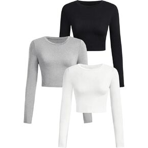 Floerns Girl's 3 Pcs Solid Long Sleeve Crop Top Crew Neck Knitted Tee Shirts