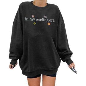 LUKYCILD Book Lover Sweatshirt Women in My Reading Era Embroidered Shirts Bow Graphic Bookish Sweater Teacher Gifts Top