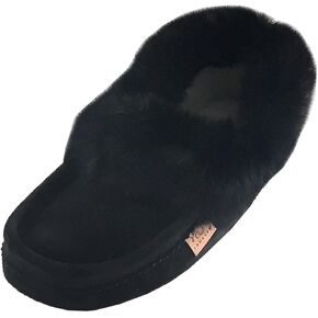Laurentian Chief Men's Suede with Rabbit Fur Collar Soft Sole Moccasin Slippers for Indoor