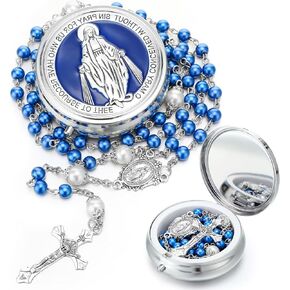 12 Set Rosary Catholic for Women Pearl Rosary Bead with Metal Gift Box for Kid First Communion Baptism Christian Gift (Blue)