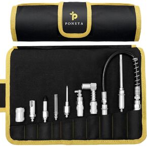 9 PCS Grease Gun Couplers, Quick Connect Greasing Accessory Kit with Grease Gun Tips 12" Flex Hose & Roll Up Case, Perfect for Quick Release Grease Couplers to Reach Any Grease Fitting