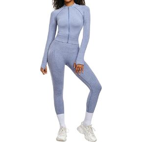 OLCHEE Womens Workout Sets 2 Piece - Seamless Yoga Outfits Long Sleeve Zipper Jacket High Waist Leggings Butt Lifting Gym Set