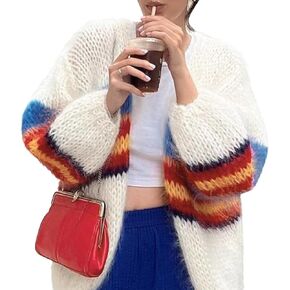 YKR Womens Striped Color Block Cardigan Sweaters Colorful Open Front Crochet Cardigans Lightweight Loose Knit Sweater