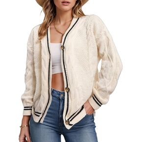 Women's Cable Knit Cardigans 2024 Long Seeve Open Front Stars Embroideried Button Down Oversized Cardigan Sweater