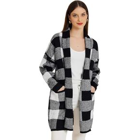 Allegra K Women's Winter Plaid Cardigan Long Sleeve Open Front Outwear Casual Sweater Cardigan