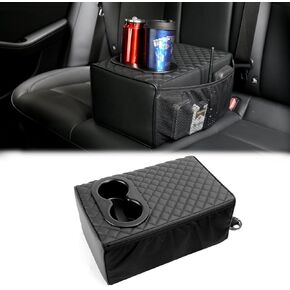 Guina Universal Rear Seat Armrest Console Box with Dual Cup Holders, Memory Foam & Faux Leather, 2 Row Backseat Center Console with Double Pockets, Compatible with SUV, Car,Truck,Pickup - Black