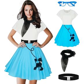 Poodle Dress for Women Sock Hop Outfits 1950s Poodle Skirt Costume with 50s Accessories Belt Glasses and Scarf