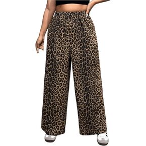 MakeMeChic Women's Plus Size Leopard Print Pants Drawstring Waist Wide Leg Loose Long Trousers