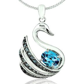 925 Sterling Silver Pendant Necklace Sliding Style Genuine Gems Oval 10x8 mm, Swan Design, Rhodium-Plated Finish with 18" Long Chain, Lobster-Claw Clasp