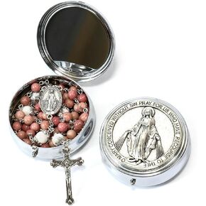 Nazareth Store Pink Aventurine Blue Lapis Lazuli Rosary Necklace White Howlite Stone Mystery Beads Miraculous Medal Holy Mary Metal Box
