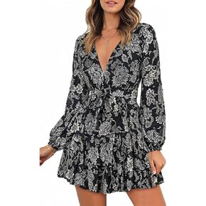 Dokotoo Womens 2024 Summer Spring V Neck Ruffle Chiffon Elegant Tie Knot Mini Short Swing Skater Dresses