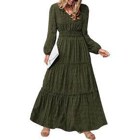 PRETTYGARDEN Women's Maxi Dress Casual Long Sleeve V Neck Smocked Waist Tiered Ruffle Flowy Cocktail Pocket Dresses