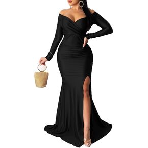 Vakkest Women's Summer Off Shoulder Maxi Dress Sexy V Neck Long Sleeve Gown Cocktail Mermaid Wedding Dresses
