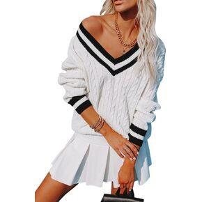 Womens V Neck Oversized Sweaters Long Sleeve Cable Knit Pullover Striped Chunky Sweater Casual Tennis Tunic Tops