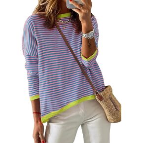 Dokotoo Long Sleeve Shirts for Women Casual Long Sleeve Crewneck Striped Color Block Shirt High Low Pullover Sweater Tops
