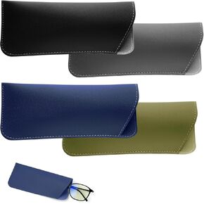 4pcs Soft Leather Glasses Cases, 2.4x6 Inch Eyeglasses Case Portable PU Leather Glasses Case Sunglasses Pouch for Women Men (Black, Dark Gray, Dark Blue, Green)