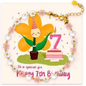 4-10 Year Old Birthday Bracelet for Girl,14k Gold Over Sterling Silver Pearl Flower Bead Bracelet with Hand Drawn Card as Birthday Jewelry Gift Idea for Daughter Granddaughter Niece Sister