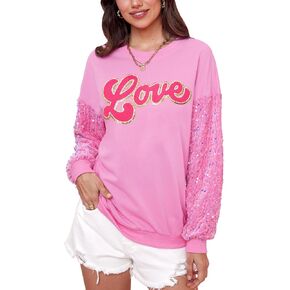 For G and PL Women's Valentine's Day Love Heart Graphic Sweatshirt Cute Pink Sequin Long Sleeve Shirt