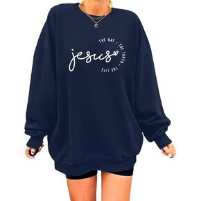 MOUSYA Jesus Oversized Sweatshirt Woman Christian Sweater Jesus The Way The Truth The Life Shirt Religious Long Sleeve Tops