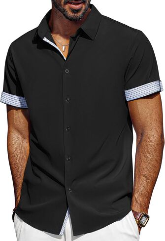 قمصان رجالي عادية من PJ PAUL JONES بأكمام قصيرة وخالية من التجاعيد قميص صيفي للشاطئ قميص منقوش متباين مع أساور قابلة للطي in Kuwait