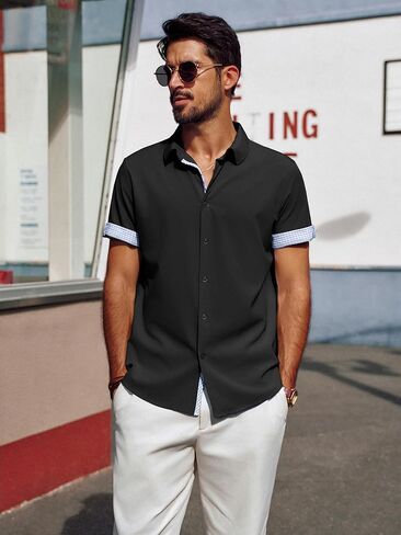 قمصان رجالي عادية من PJ PAUL JONES بأكمام قصيرة وخالية من التجاعيد قميص صيفي للشاطئ قميص منقوش متباين مع أساور قابلة للطي in Kuwait