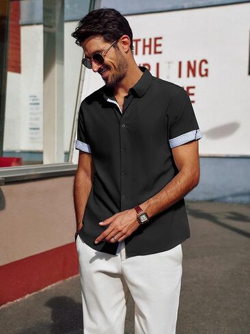 قمصان رجالي عادية من PJ PAUL JONES بأكمام قصيرة وخالية من التجاعيد قميص صيفي للشاطئ قميص منقوش متباين مع أساور قابلة للطي in Kuwait