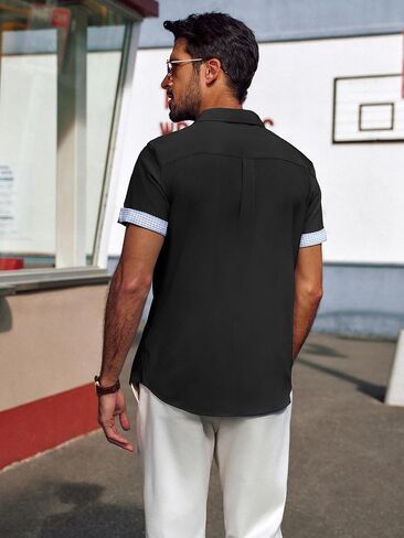 قمصان رجالي عادية من PJ PAUL JONES بأكمام قصيرة وخالية من التجاعيد قميص صيفي للشاطئ قميص منقوش متباين مع أساور قابلة للطي in Kuwait