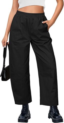 GRAPENT Wide Leg Pants Woman High Waisted Trendy Cropped Barrel Pull On Baggy Elastic Waist Loose Fit Pants with Pockets in Saudi Arabia