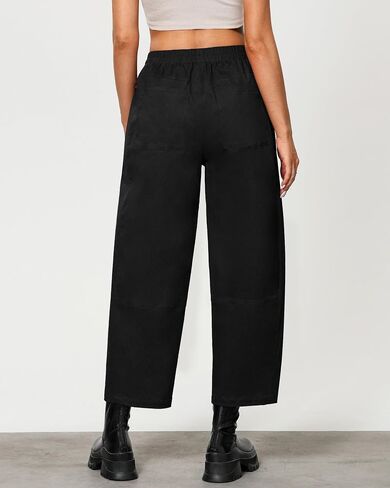 GRAPENT Wide Leg Pants Woman High Waisted Trendy Cropped Barrel Pull On Baggy Elastic Waist Loose Fit Pants with Pockets in Saudi Arabia