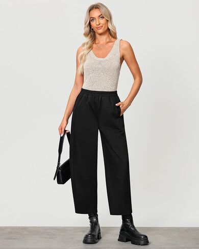 GRAPENT Wide Leg Pants Woman High Waisted Trendy Cropped Barrel Pull On Baggy Elastic Waist Loose Fit Pants with Pockets in Saudi Arabia