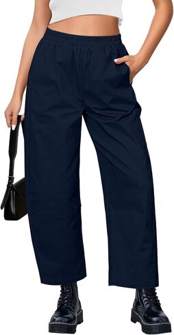 GRAPENT Wide Leg Pants Woman High Waisted Trendy Cropped Barrel Pull On Baggy Elastic Waist Loose Fit Pants with Pockets in Saudi Arabia