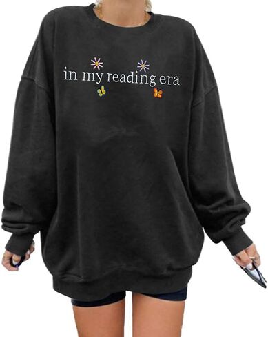 LUKYCILD Book Lover Sweatshirt Women in My Reading Era Embroidered Shirts Bow Graphic Bookish Sweater Teacher Gifts Top in Saudi Arabia