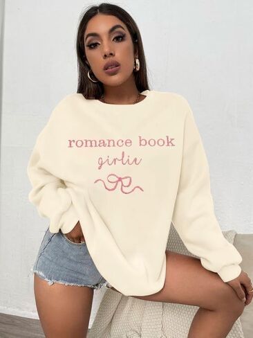 LUKYCILD Book Lover Sweatshirt Women in My Reading Era Embroidered Shirts Bow Graphic Bookish Sweater Teacher Gifts Top in Saudi Arabia