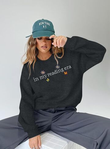LUKYCILD Book Lover Sweatshirt Women in My Reading Era Embroidered Shirts Bow Graphic Bookish Sweater Teacher Gifts Top in Saudi Arabia