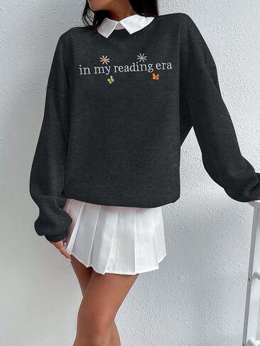LUKYCILD Book Lover Sweatshirt Women in My Reading Era Embroidered Shirts Bow Graphic Bookish Sweater Teacher Gifts Top in Saudi Arabia