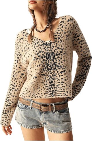 MakeMeChic Women's Leopard Print Button Down Cropped Cardigan Sweaters V Neck Fuzzy Long Sleeve Knit Tops in Saudi Arabia