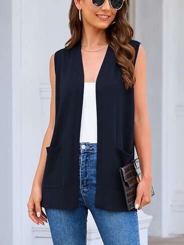 Women's 2024 Sleeveless Cardigan Sweaters Fashion Casual Soft Knit Office Duster Vests with Cozy Pockets (S-3XL) in Saudi Arabia