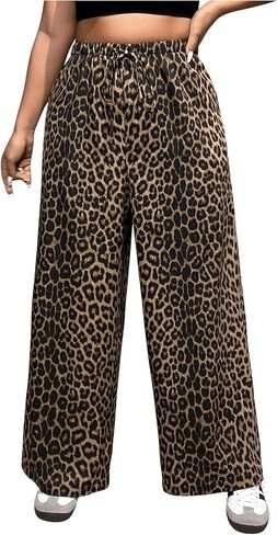 MakeMeChic Women's Plus Size Leopard Print Pants Drawstring Waist Wide Leg Loose Long Trousers in Kuwait