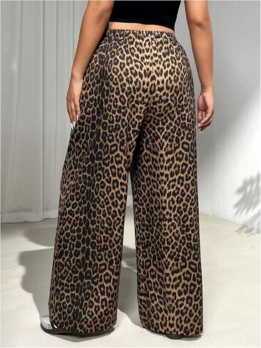 MakeMeChic Women's Plus Size Leopard Print Pants Drawstring Waist Wide Leg Loose Long Trousers in Kuwait