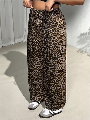 MakeMeChic Women's Plus Size Leopard Print Pants Drawstring Waist Wide Leg Loose Long Trousers in Kuwait
