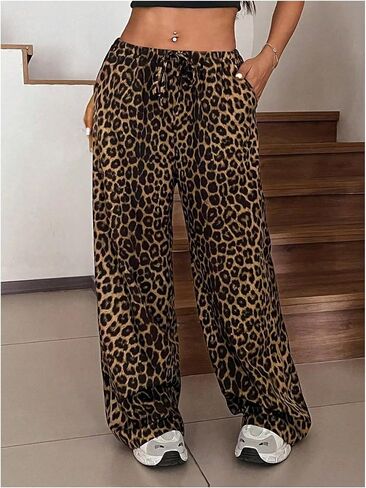 MakeMeChic Women's Plus Size Leopard Print Pants Drawstring Waist Wide Leg Loose Long Trousers in Kuwait