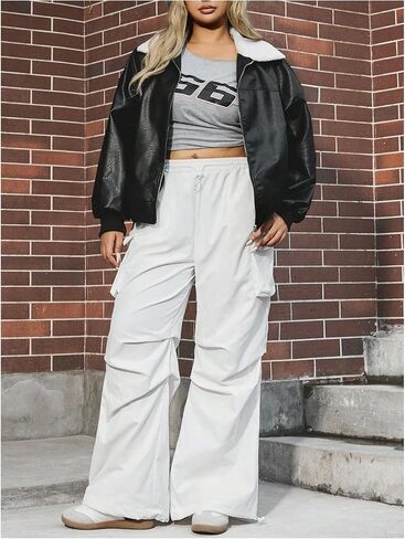 OYOANGLE Women's Plus Size Drawstring Waist Wide Leg Casual Cargo Pants with Pocket in Kuwait