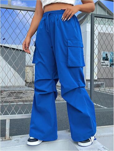 OYOANGLE Women's Plus Size Drawstring Waist Wide Leg Casual Cargo Pants with Pocket in Kuwait