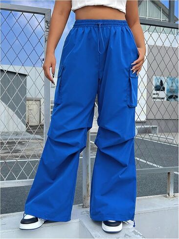OYOANGLE Women's Plus Size Drawstring Waist Wide Leg Casual Cargo Pants with Pocket in Kuwait
