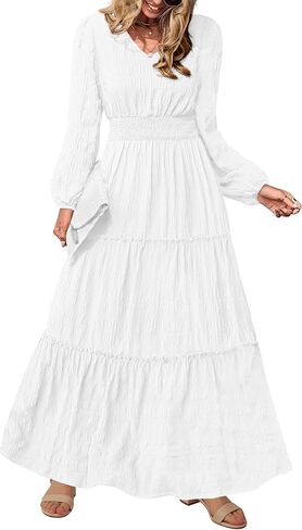 PRETTYGARDEN Women's Maxi Dress Casual Long Sleeve V Neck Smocked Waist Tiered Ruffle Flowy Cocktail Pocket Dresses in Saudi Arabia
